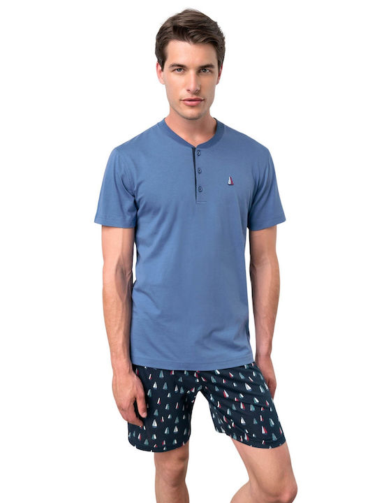 Vamp Men's Summer Cotton Pajamas Set Blue