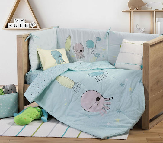 Nef-Nef Homeware Cotton Baby Quilt Ocean Friends 110x140cm Light Blue