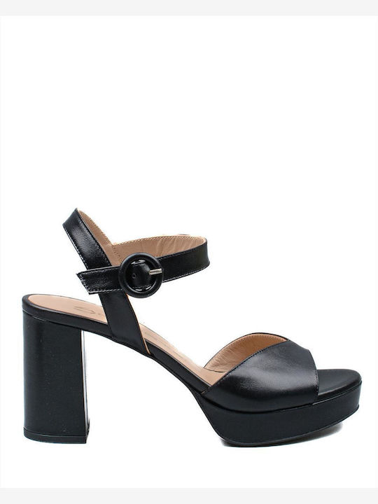 Mourtzi Leather Women's Sandals with Chunky High Heel In Black Colour