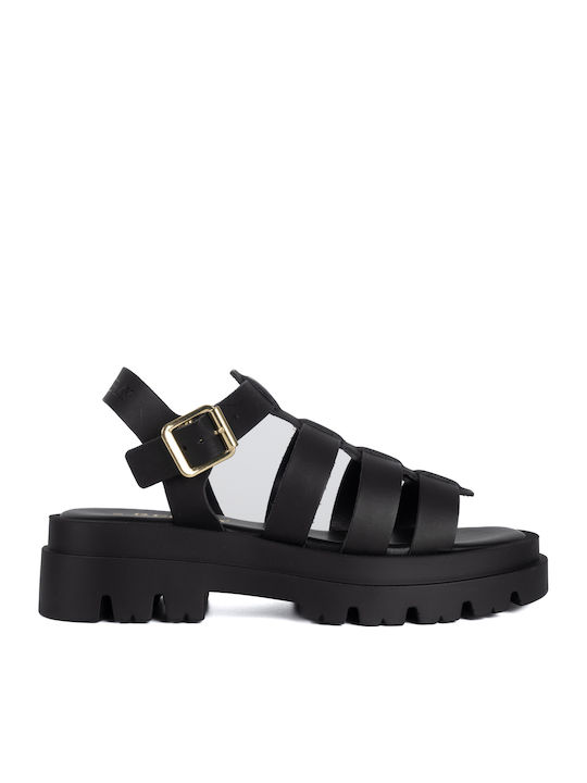 Damen Flache Sandalen Gladiator Schwarz