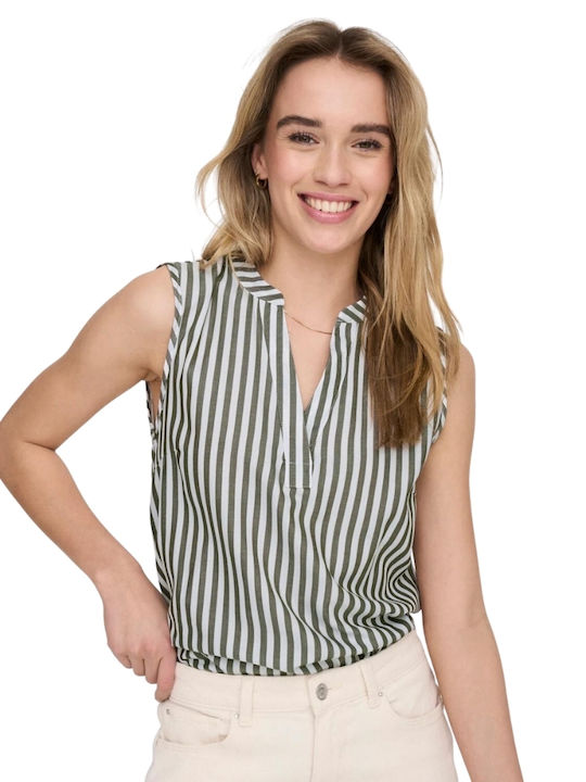 Only Women's Summer Blouse Sleeveless with V Neckline Striped Multicolour