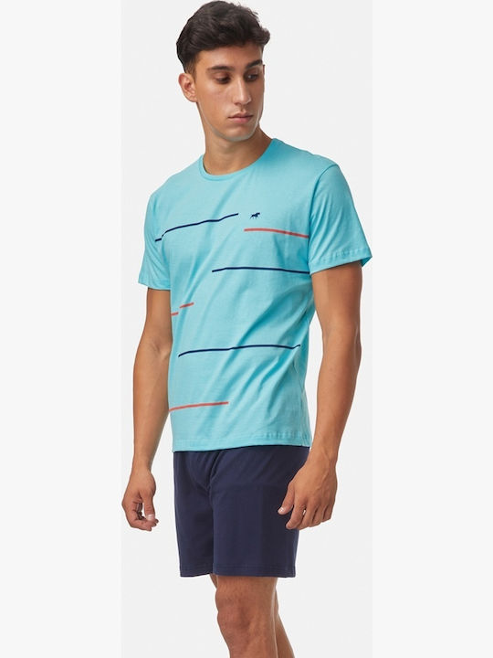 Minerva Men's Summer Cotton Pajamas Set Light Blue