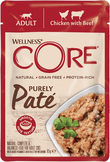 Wellness Core Hrană Umedă pentru Pisici Adulte în Pliculeț cu Carne de vită și Pui fără Cereale 85gr