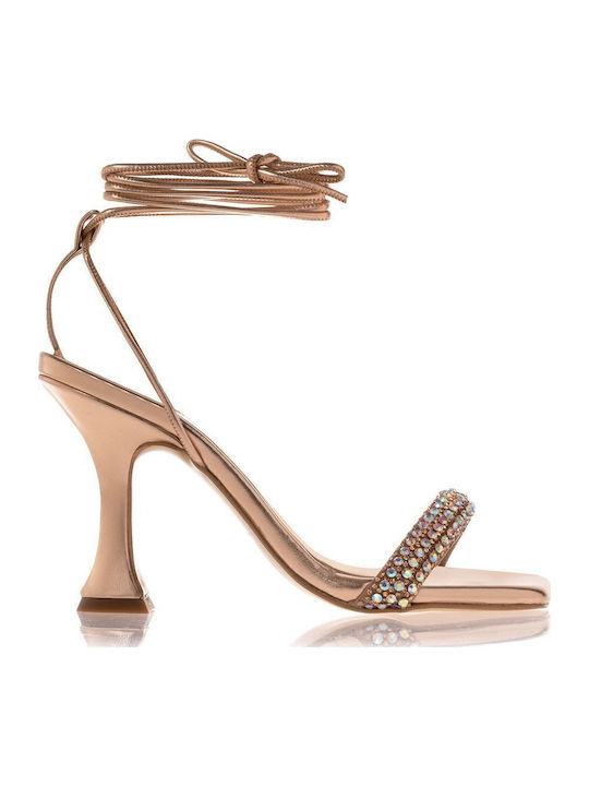 Sandale Elegante Damă Din Piele Cu Strasuri Roz Auriu