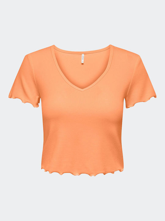 Only Women's Summer Crop Top Short Sleeve with V Neck Orange Chiffon