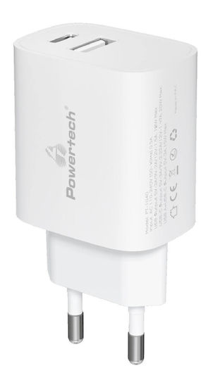 Powertech Φορτιστής Χωρίς Καλώδιο με Θύρα USB-A και Θύρα USB-C 20W Power Delivery / Quick Charge 3.0 Λευκός (PT-1040)