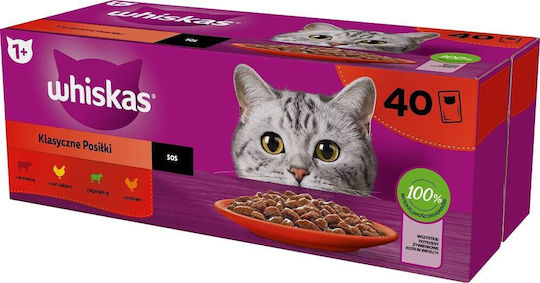 Whiskas Classic Meals in Sauce Wet Food for Adult Cats in Pouches with Beef 40x85gr