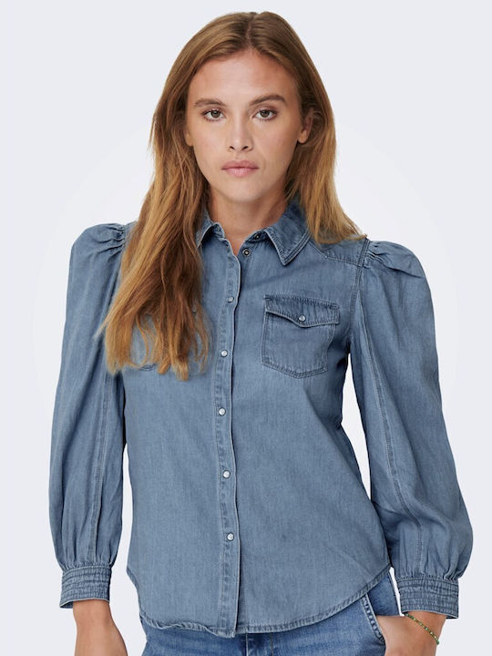 Only Mânecă lungă Femei Gin Cămașă Light Blue Denim