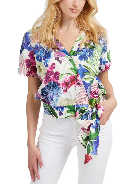 Guess Damen Sommerliche Bluse Satin Kurzärmelig Blumen Bunt