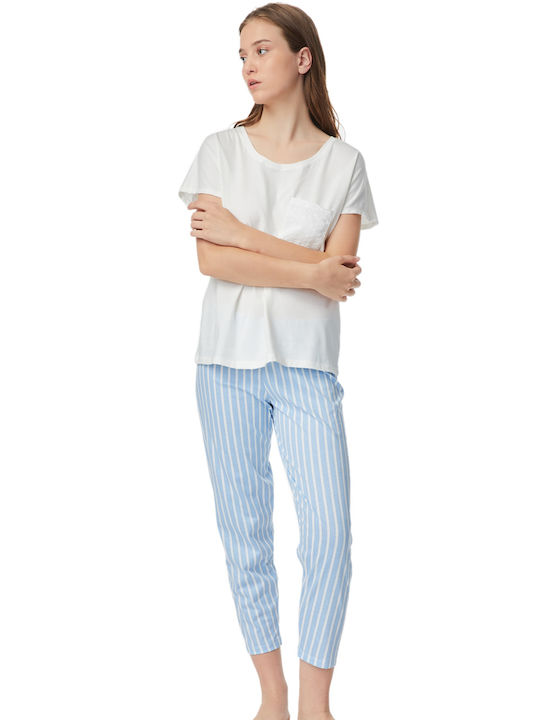 Minerva Sommer Damen Pyjama-Set Baumwolle Weiß