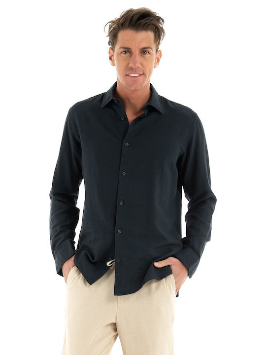 Jack & Jones Men's Shirt Long Sleeve Linen Navy Blue