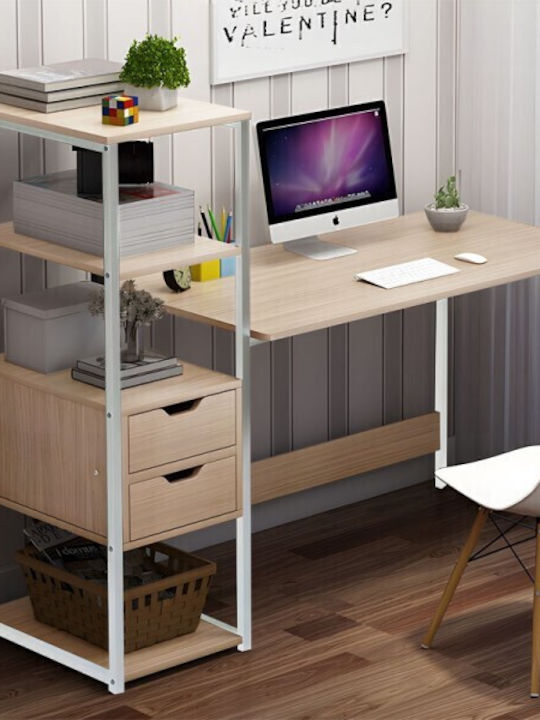 Desk Mood Wooden with Bookshelf White / Natural with Metal Legs 107x40x110cm