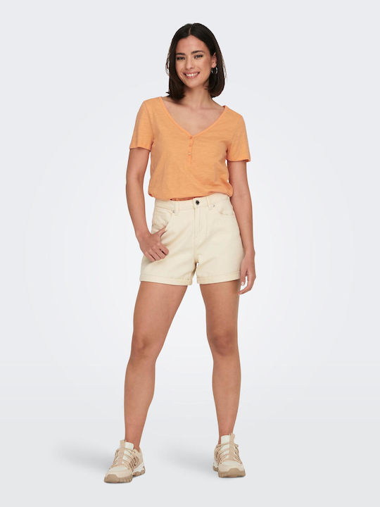 Only Damen Sommerliche Bluse Baumwoll Kurzärmelig mit V-Ausschnitt Orange Chiffon