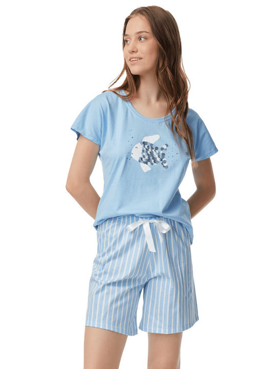 Minerva Sommer Damen Pyjama-Set Baumwolle Hellblau Vida