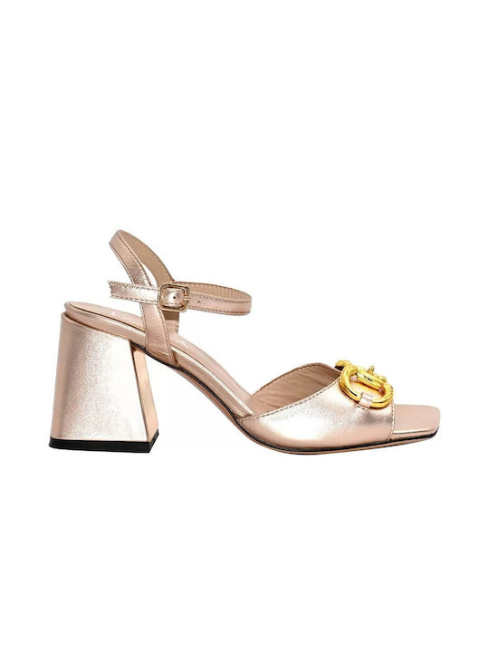 Favela Leather Women's Sandals with Ankle Strap Indie Rose Gold with Chunky Medium Heel