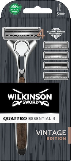 Wilkinson Sword Quattro Essential 4 Vintage Edition Бръсначка с Резервни глави 4 остриета за чувствителна кожа 5бр
