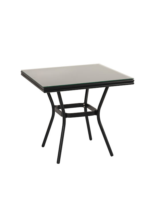 Angola Outdoor Table for Small Spaces with Glass Surface and Aluminum Frame Black 80x80x75cm