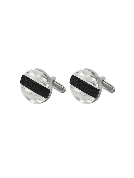 Round starry sand cufflinks, in silver and black color, made of brass alloy.