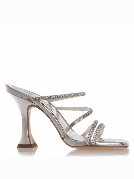 Sante Synthetic Leather Women's Sandals with Strass Silver with Chunky High Heel
