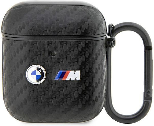 BMW Carbon Double Metal Logo Husă cu cârlig în culoarea Negru pentru Apple AirPods 1 / AirPods 2