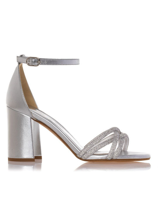 Sante Women's Sandals with Strass & Ankle Strap Silver with Chunky High Heel
