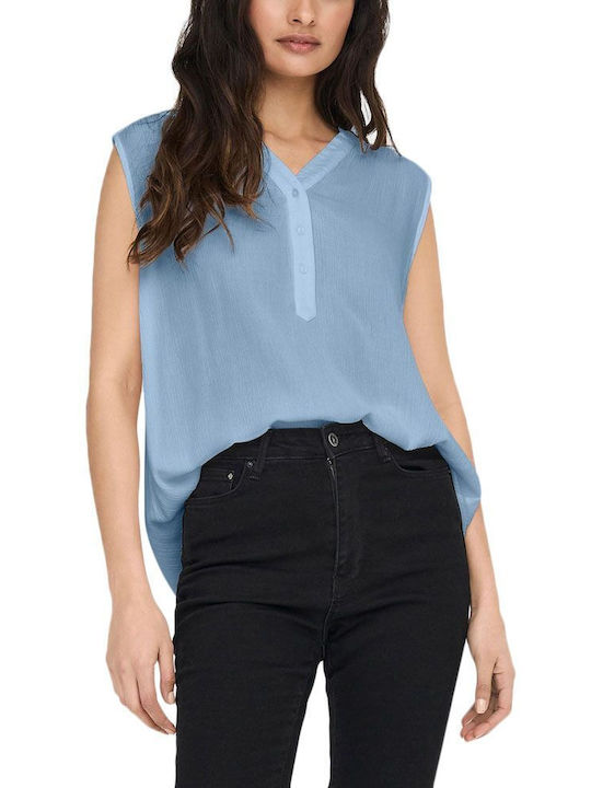 Only Damen Sommer Bluse Ärmellos mit V-Ausschnitt Cashmere Blue