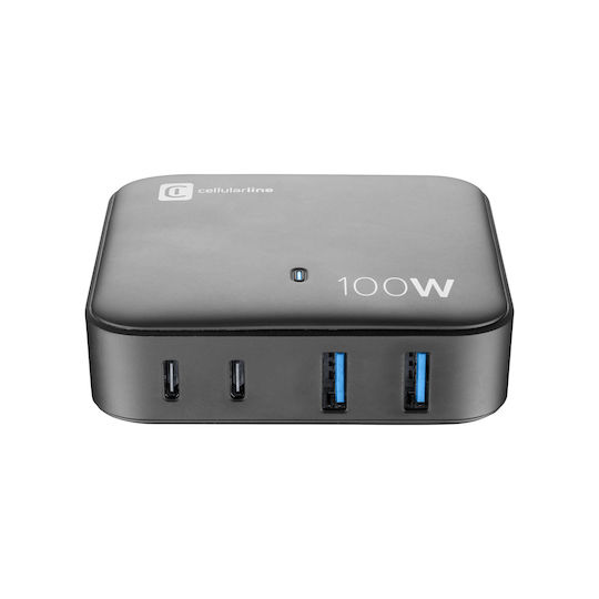 Cellular Line GaN Handyladegerät mit 2 USB-A Ausgangsanschlüsse und 2 USB-C Ausgangsanschlüsse und USB-C Kabel 100W in Schwarz