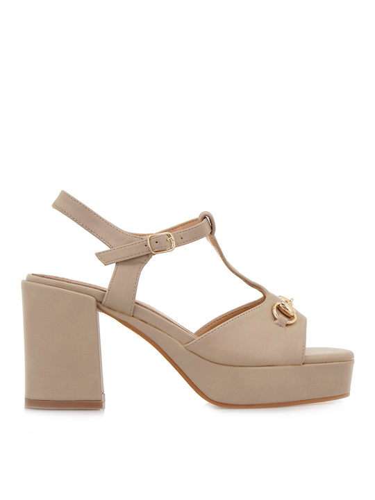 Seven Platform Women's Sandals with Ankle Strap Beige with Chunky High Heel