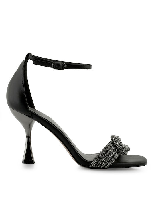 Exe Women's Sandals with Strass & Ankle Strap Black with Thin High Heel