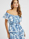Guess Women's Summer Blouse Cotton Off-Shoulder Short Sleeve Floral Blue