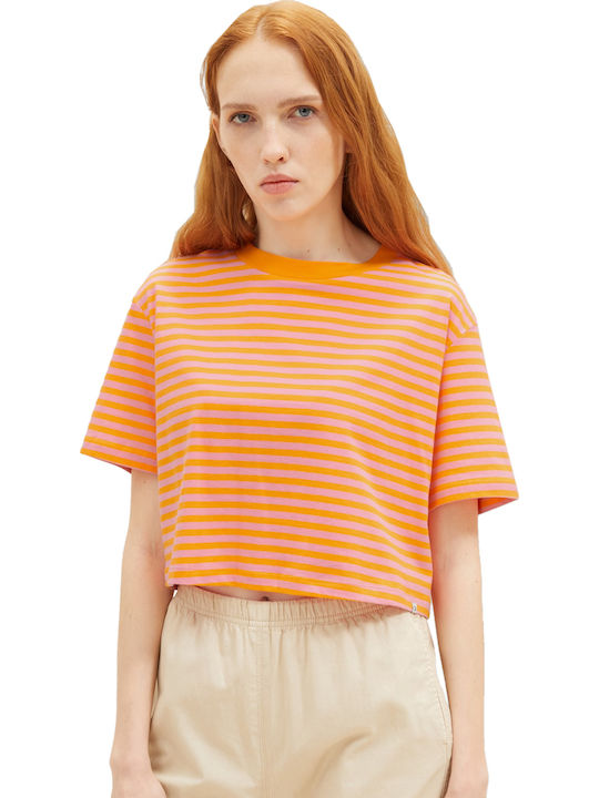 Γυναικείο Καλοκαιρινό Crop Top Κοντομάνικο Ριγέ Πορτοκαλί