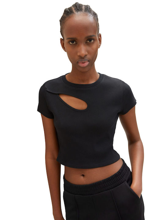 Tom Tailor Damen Sommer Crop Top Baumwolle Kurzarm Schwarz