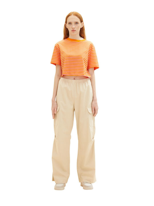Damen Stoff Cargo Hose mit Gummizug in Geradem Schnitt Beige