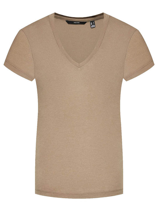 Vero Moda Damen T-Shirt mit V-Ausschnitt Sandy Brown
