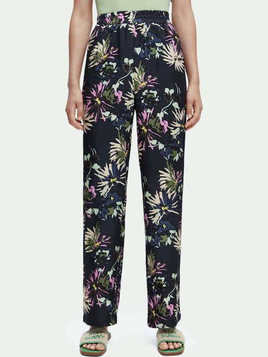 Scotch & Soda Gia Women's Fabric Palazzo Pants with Elastic Wide Floral Black