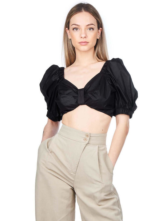 Moutaki pentru Femei de Vară Crop Top din Bumbac cu Mâneci Scurte cu Decolteu în V Negru