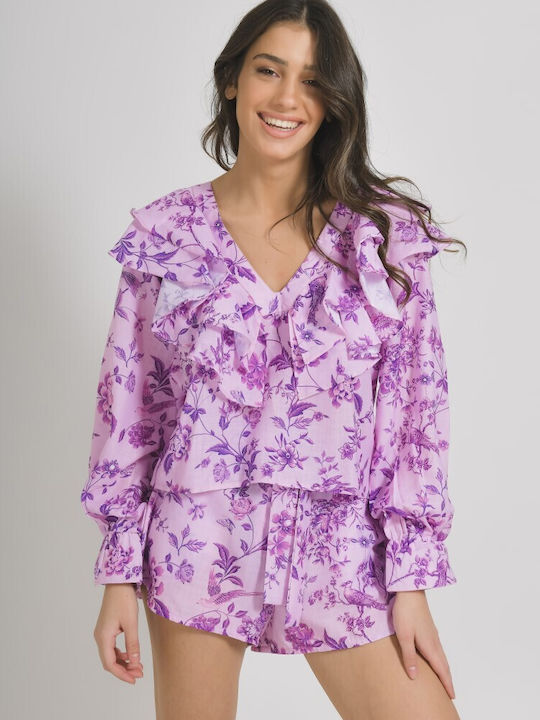 Ble Resort Collection Damen Sommer Bluse Langärmelig mit V-Ausschnitt Blumen Lila