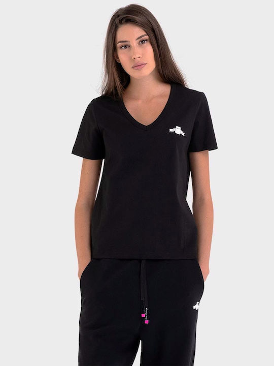 Replay Archive Logo Γυναικείο T-shirt Μαύρο με Λαιμόκοψη V