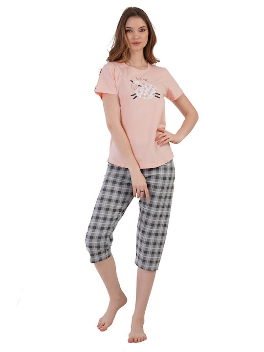 Vienetta Women's Summer Pyjamas "Sleep Well" with Checkered Capri Pants-211565b Light Pink