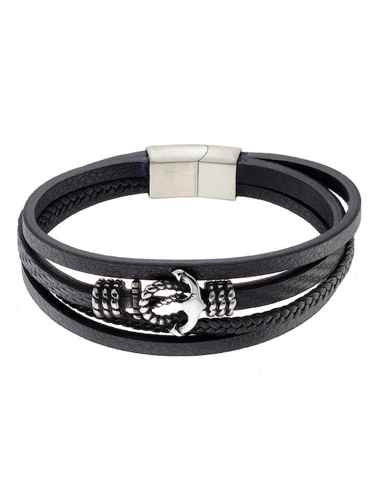 Men's 316L steel and black leather bracelet silver Art 00529