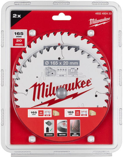 Milwaukee Δίσκος Κοπής Ξύλου με 40 Δόντια 165mm 2τμχ