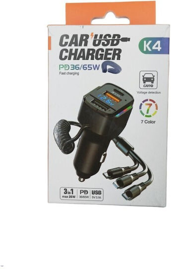 Car Charger 36W 3.1A with Ports 2xUSB 1xType-C with Cable Lightning Type-C mini-USB Black Colour