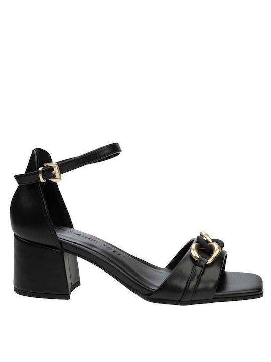 Marco Tozzi Anatomic Leather Women's Sandals with Ankle Strap Black/Gold with Chunky Medium Heel