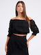 Guess Women's Summer Blouse Cotton Off-Shoulder with 3/4 Sleeve Black