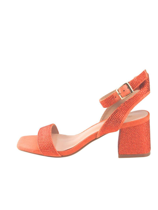 Sandale pentru femei cu pietre strălucitoare și toc gros scăzut, portocalii