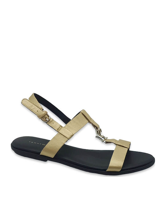 Leather Women's Flat Sandals in Gold Color