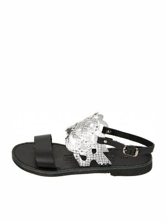 Leather Women's Flat Sandals with Strap in Black Color