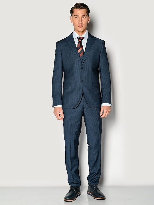 Sogo Ανδρικό Κοστούμι Με Γιλέκο με Στενή Εφαρμογή Μπλε