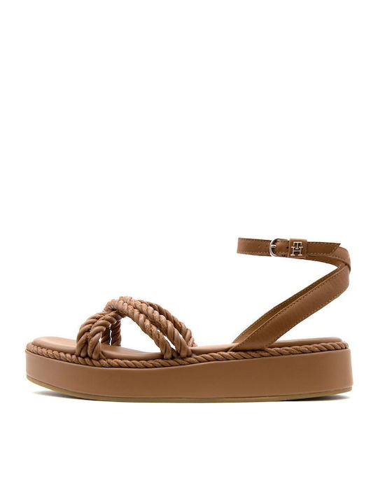 Δερμάτινα Γυναικεία Σανδάλια Flatforms Καφέ