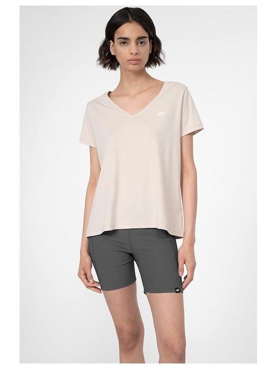 4F Women's Athletic T-shirt with V Neck Beige